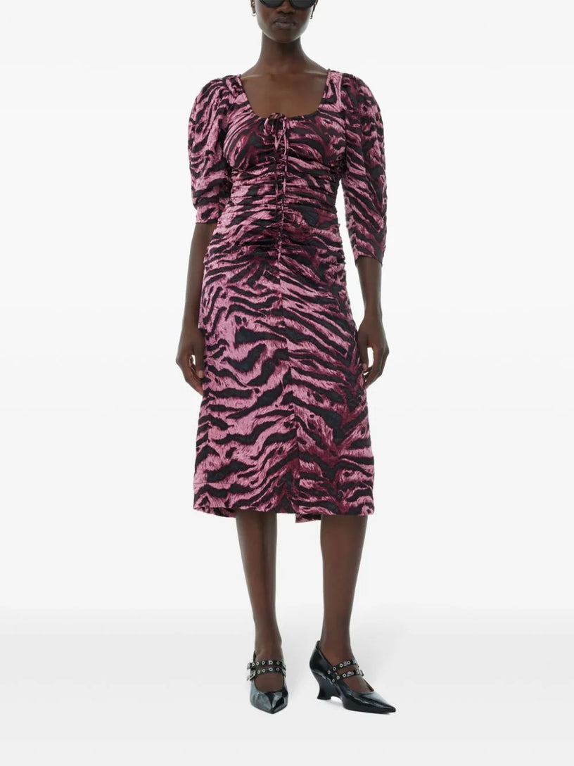 Animal printed crinkled satin u-neck midi dress