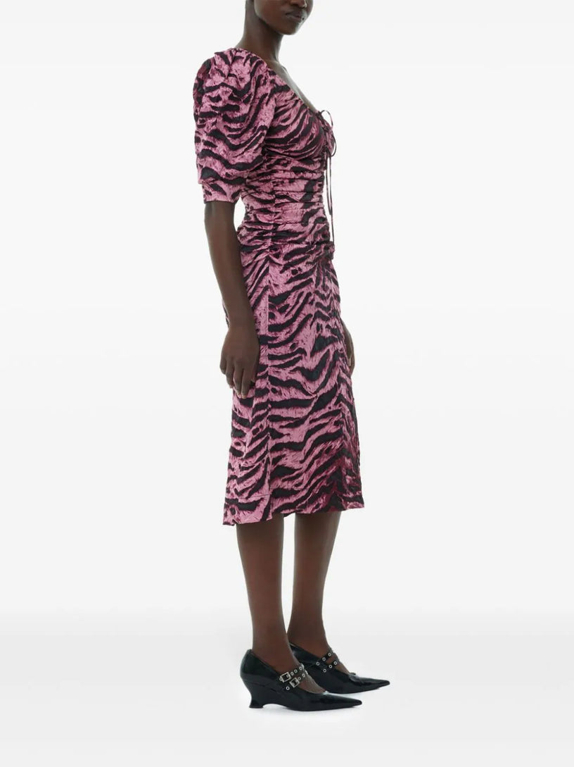 Animal printed crinkled satin u-neck midi dress