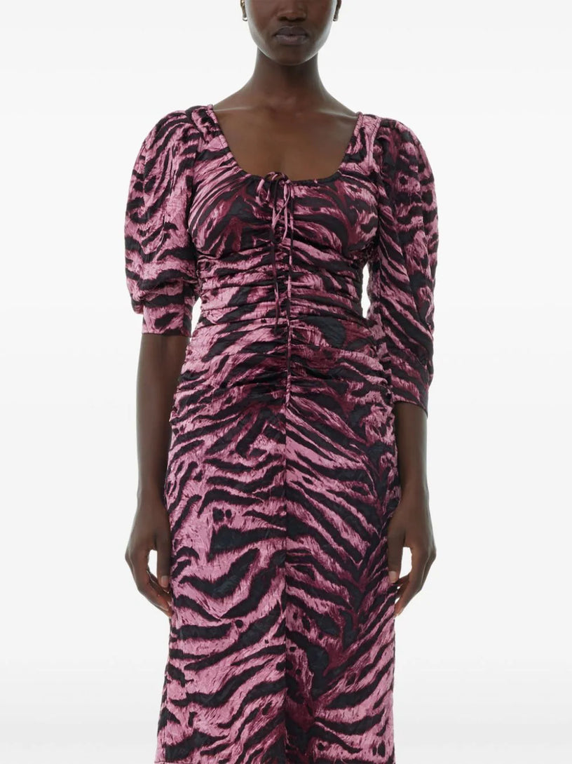 Animal printed crinkled satin u-neck midi dress