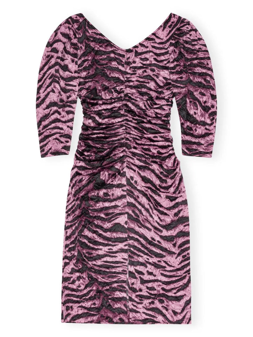 Animal printed crinkled satin u-neck midi dress