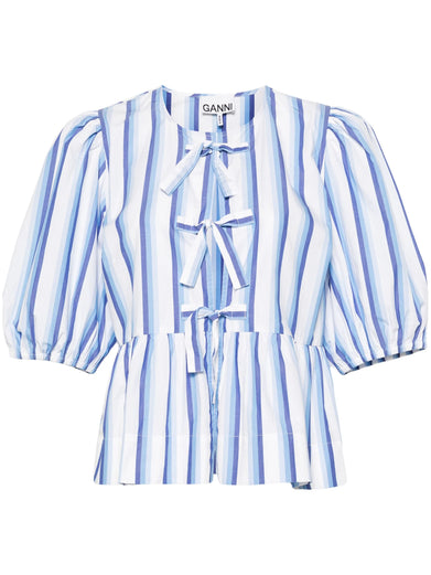 Blue Striped Cotton Poplin Peplum Tie Blouse