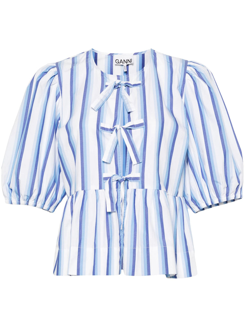 GANNI Blue striped cotton poplin peplum tie blouse