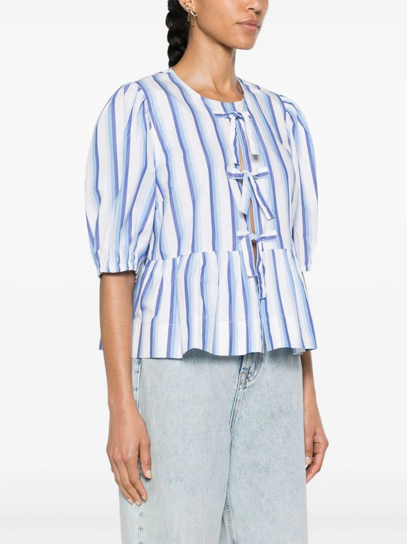 Blue Striped Cotton Poplin Peplum Tie Blouse