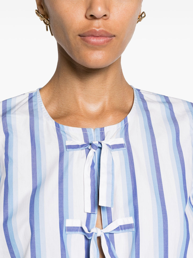 Blue Striped Cotton Poplin Peplum Tie Blouse