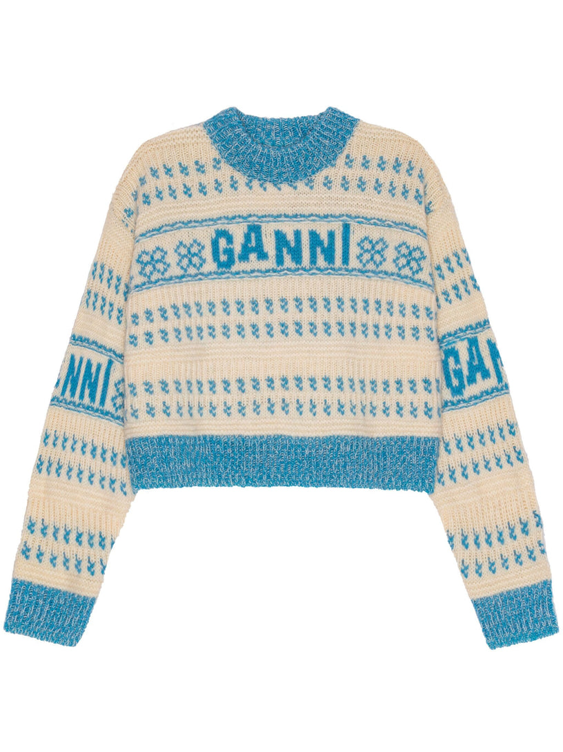 GANNI Blue lambswool cropped o-neck pullover