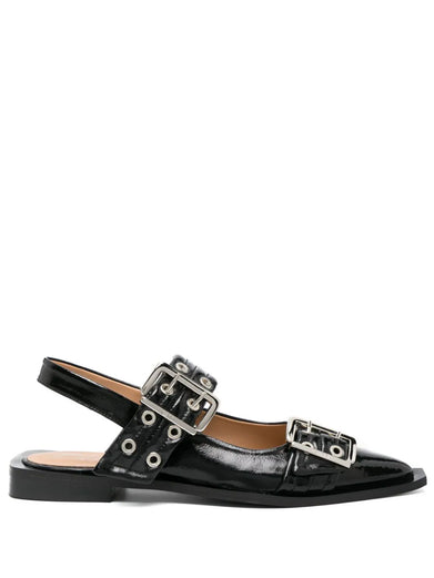 Black wide welt buckle ballerinas