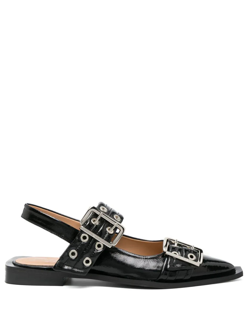 GANNI Black wide welt buckle ballerinas