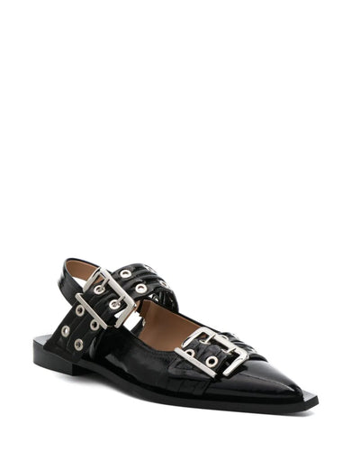 Black wide welt buckle ballerinas