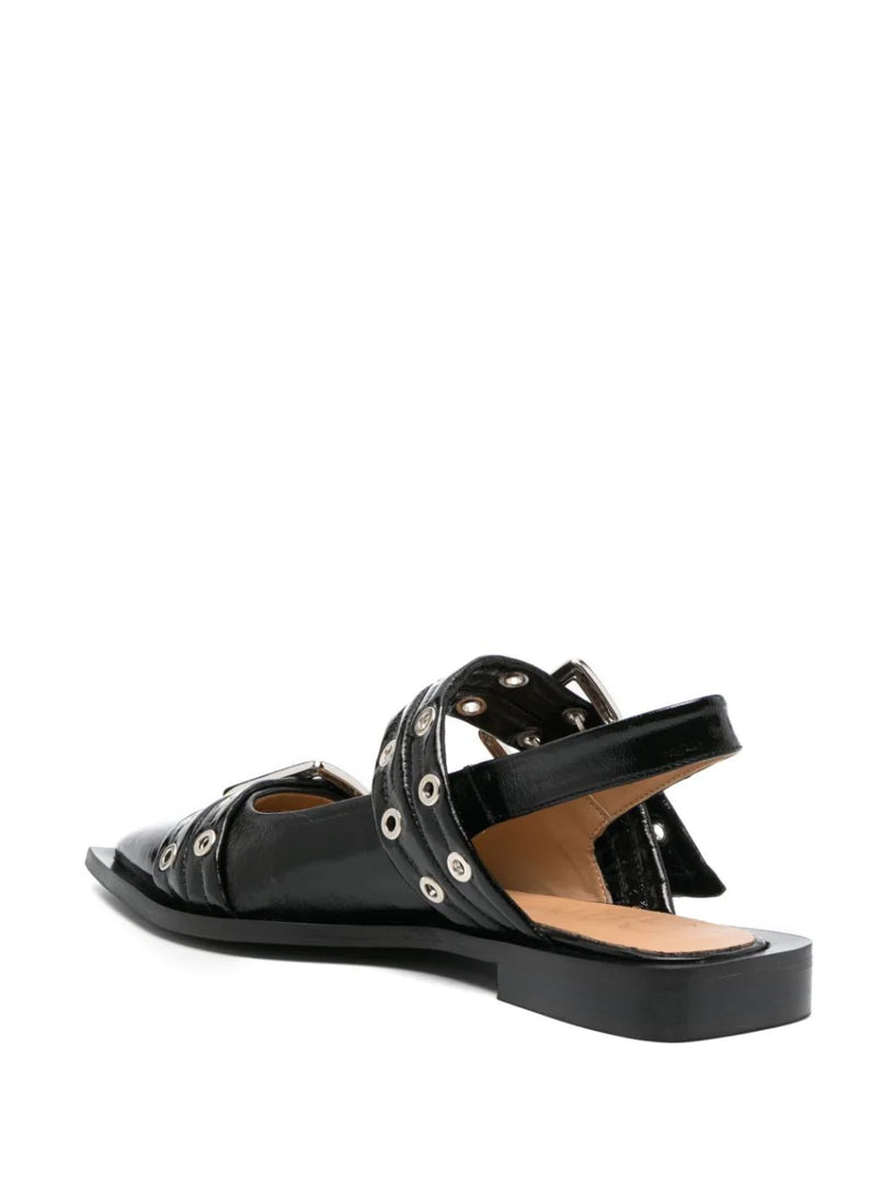 Black wide welt buckle ballerinas