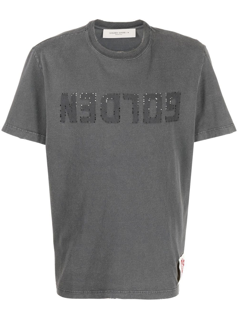 Golden Goose Anthracite gray men's t-shirt with distressed treatment