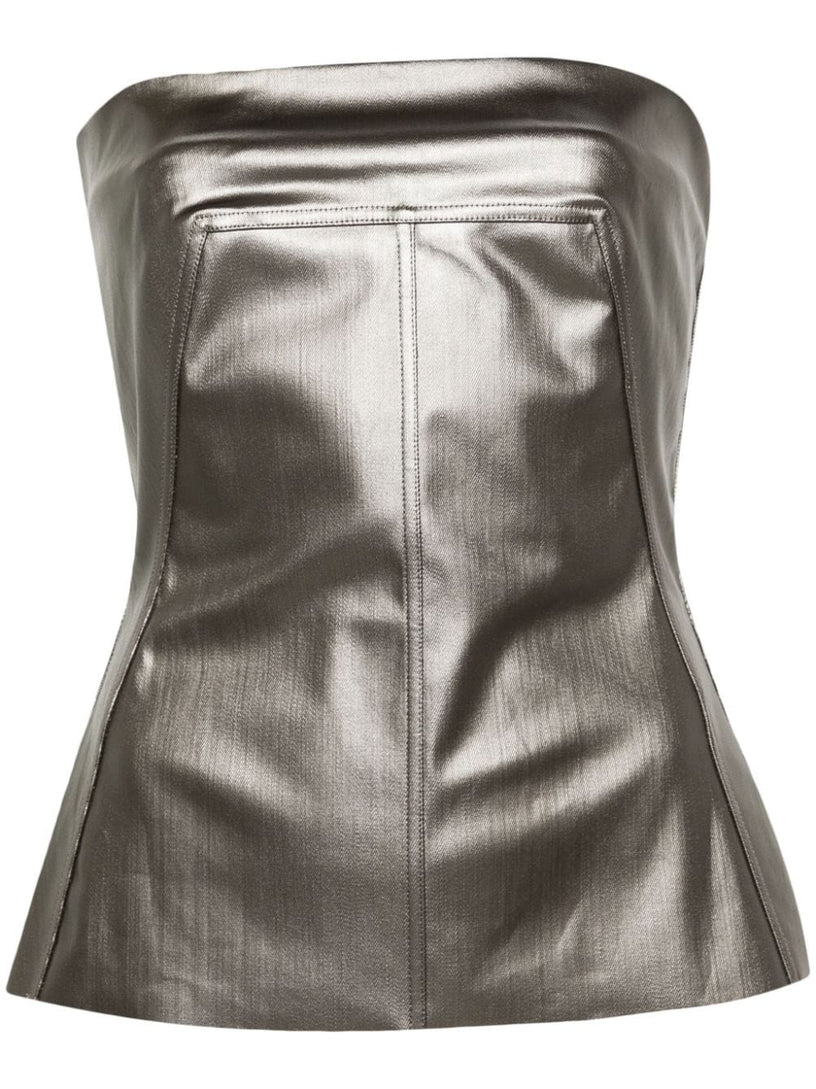 Lido bustier top in gun metal coated stretch denim