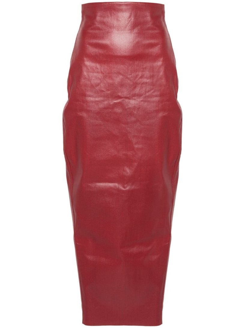 RICK OWENS Dirt pillar in cardinal red coated stretch denim