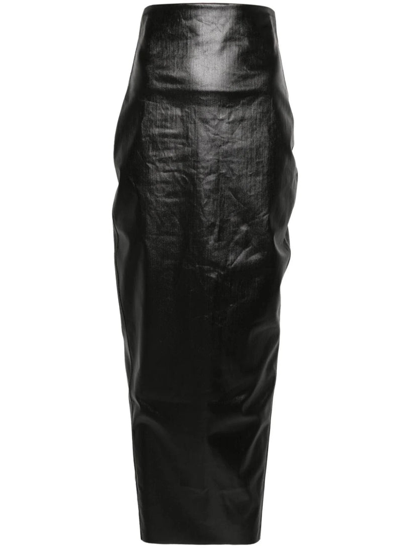 RICK OWENS Dirt pillar in blackl coated stretch denim