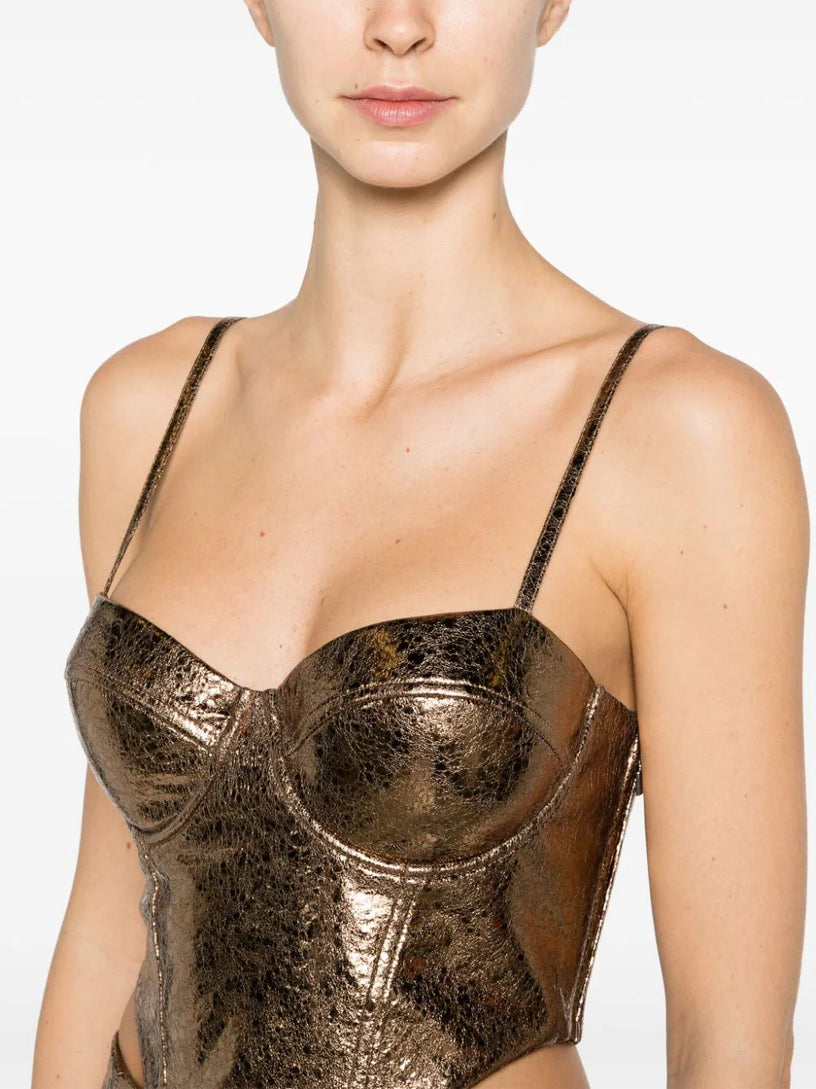 Textured corset top metallic brown