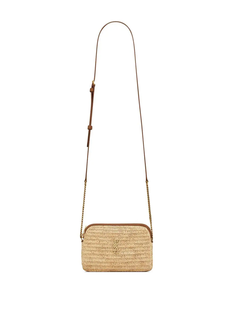 Gaby zip clutch bag in raffia and vegetable tanned leather