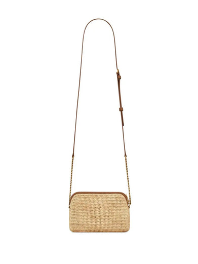 Gaby zip clutch bag in raffia and vegetable tanned leather