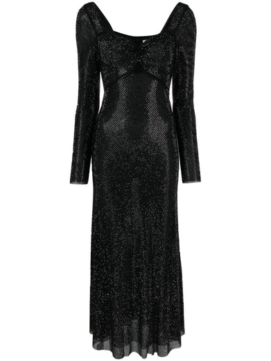 Black rhinestone mesh sweetheart midi dress