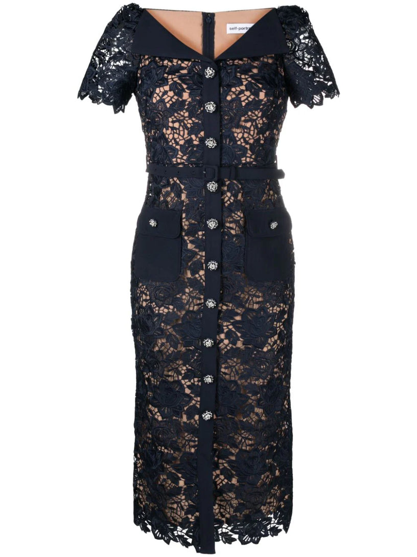 Navy lace open neck midi dress