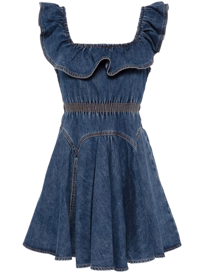 SELF PORTRAIT Denim ruffle mini dress