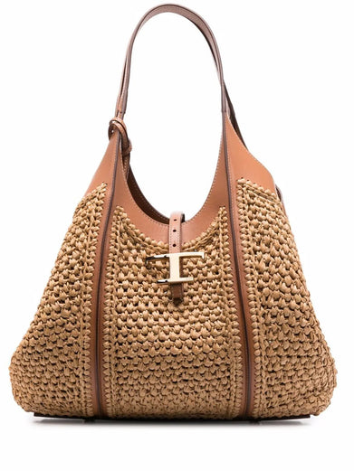 T Timeless Shopping Bag in Raffia and Leather Medium