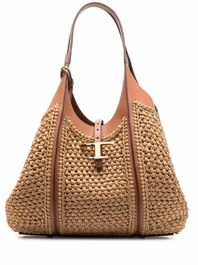 Tod's T timeless shopping bag in raffia and leather medium