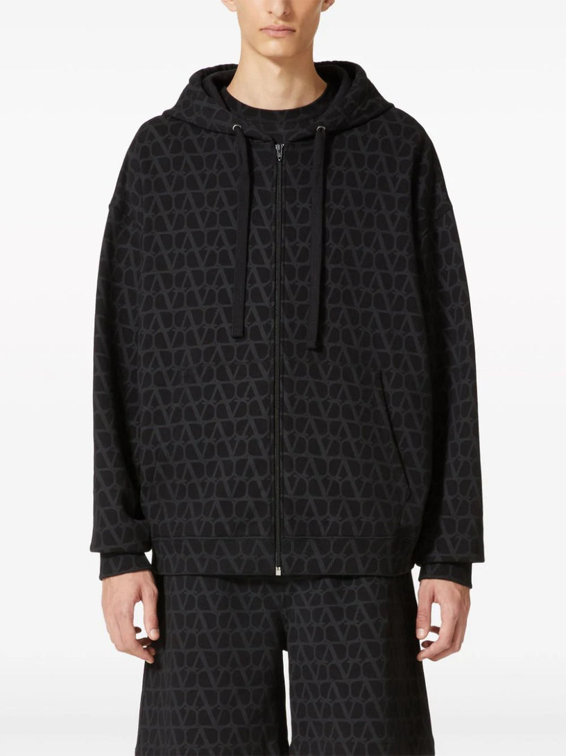 Valentino cotton sweatshirt with hood, zip and all-over Toile Iconographe print