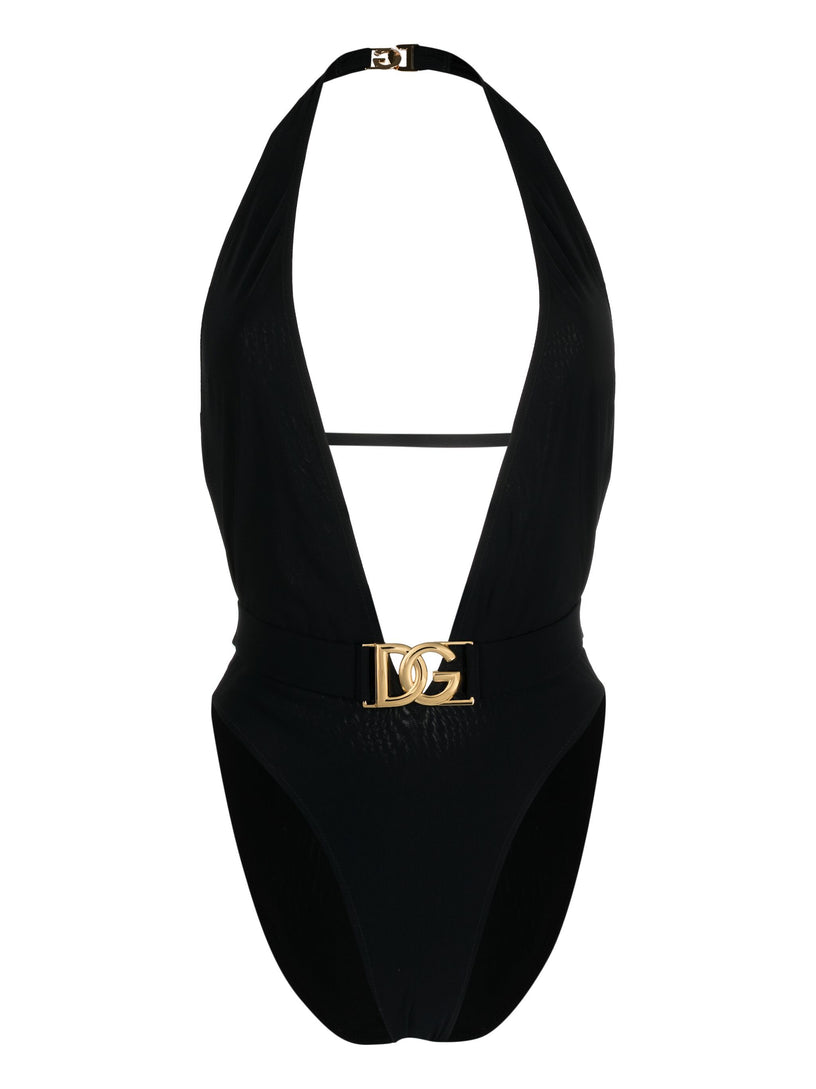 Low-cut one-piece swimsuit with belt