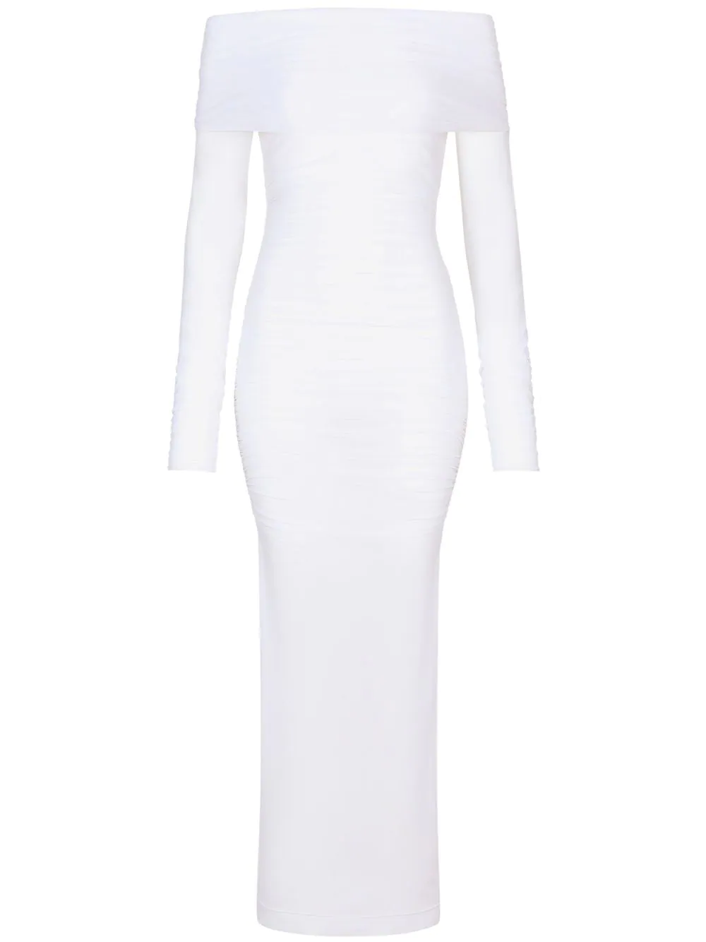 Dolce & Gabbana Draped Stretch Tulle Off Shlr Midi Dress In White