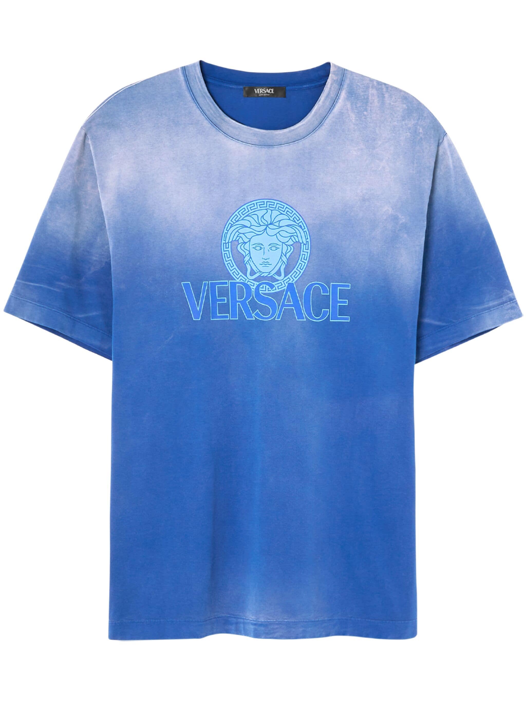 Versace T-shirt Sfumata Con Medusa Centrale In Blue